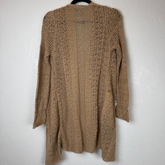 Lucky Brand Boho‎ Open Knit Cardigan Neutral Tan Crochet Cozy Casual - Picture 4 of 4